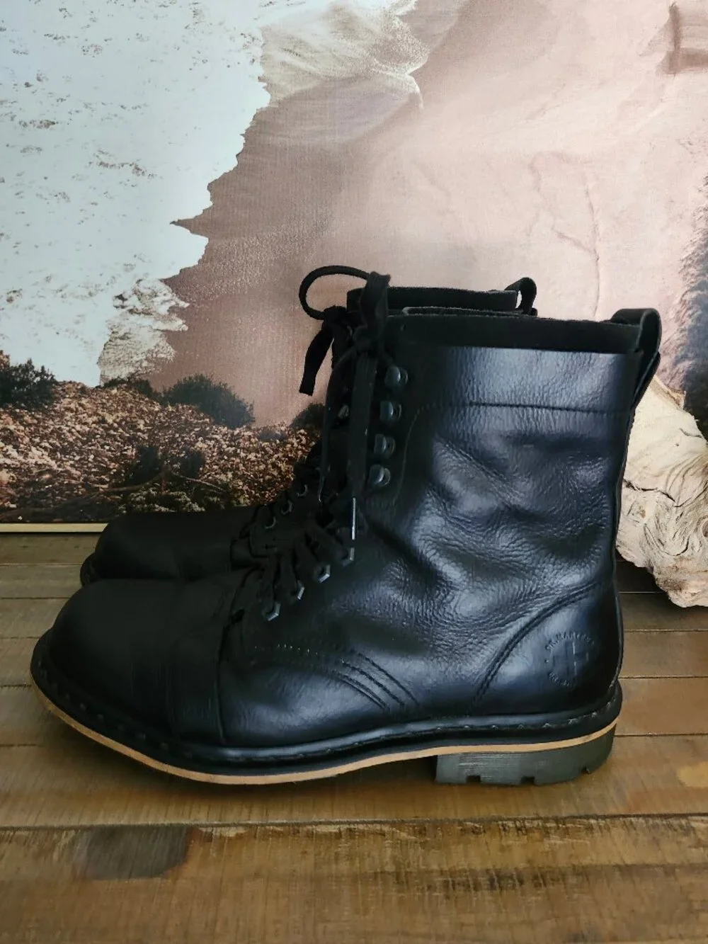 DR. MARTENS Black Pier Polished Wyoming Suede/Leather Cap Toe Boots Men's 11